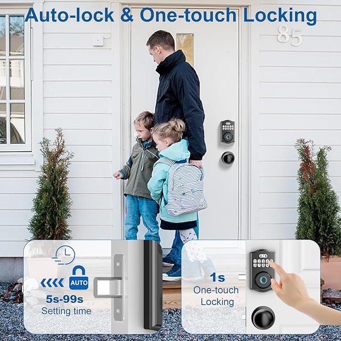 BAFUWEIY Fingerprint Door Lock with Door Knobs Set, Keyless Entry Door Lock Deadbolt with Handle, Smart Front Door Lock Set with APP Control/Fingerprints/Passwords/Auto-Lock/Easy Installation Black