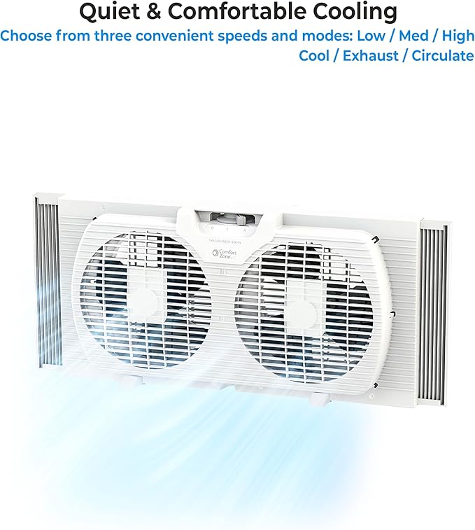 Comfort Zone Twin Window Fan with Reversible Airflow Control, 9 inch, Auto-Locking Expanders, 2 Speed Fan, Dual Fan, Exhaust, Airflow 9.84 ft/sec, Ideal for Home, Kitchen, Bedroom & Office, CZ319WT