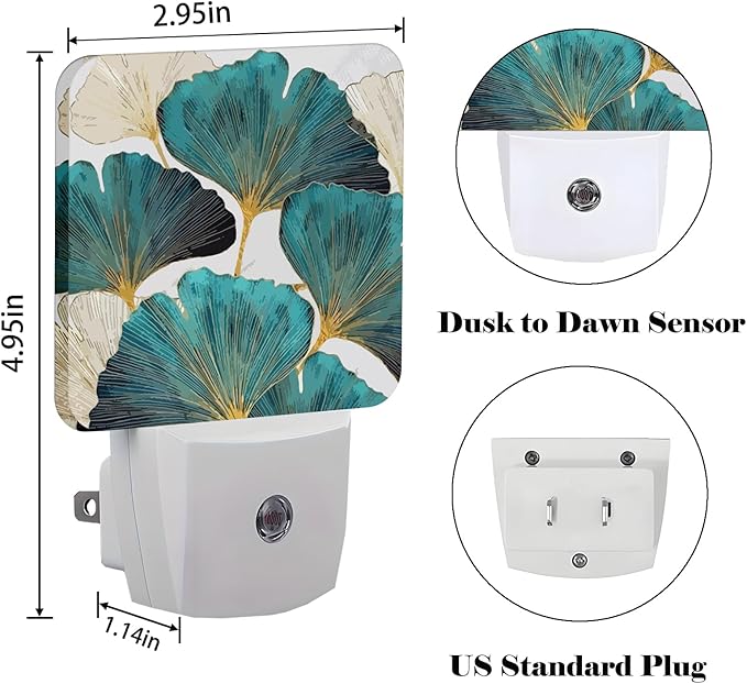 FSHVQKD Green Ginkgo Leaves Night Light,Plug Into Wall Decor for Stairway,Hallway,Kitchen,Dusk to Dawn Sensor Nightlights for Boys/Girls/Women/Men Room Gifts
