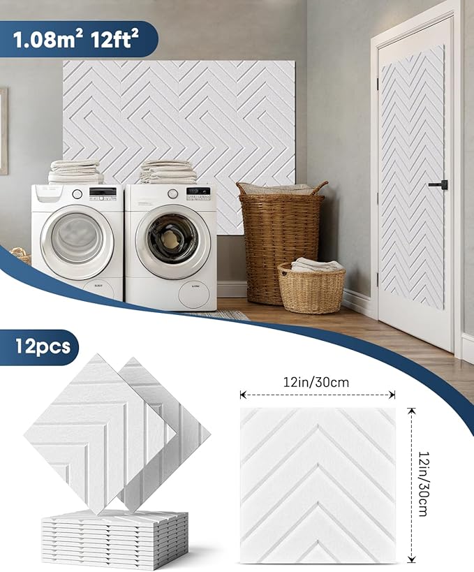 Woovio Sound Proof Foam Panels for Walls, 12 Pack Self-Adhesive Acoustic Panels, 12" X 12" X 0.4" Soundproof Wall Panels for Door, Ceiling, Home Office White