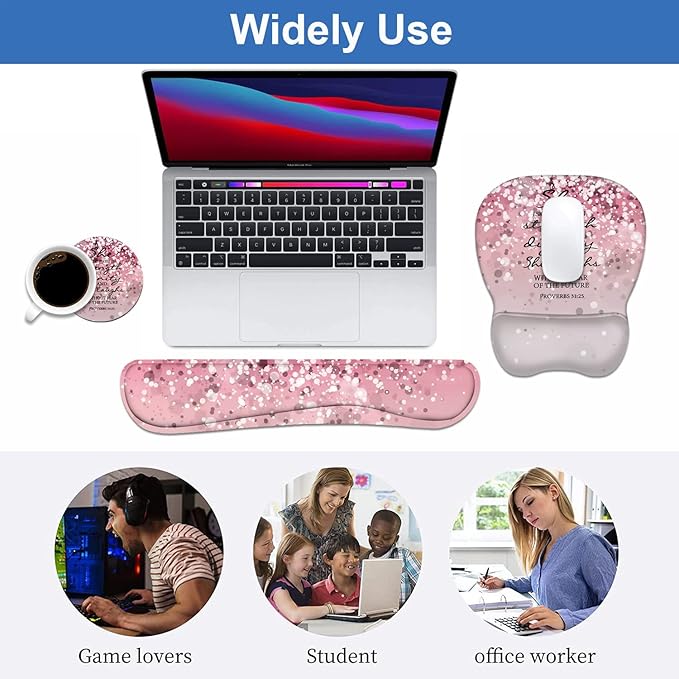 Ergonomic Mouse Pad Wrist Support and Keyboard Wrist Rest Set with Coasters, Non-Slip PU Base, Easy Typing & Pain Relief, Perfect for Home Office Working Studying, Bible Verses Proverbs 31:25