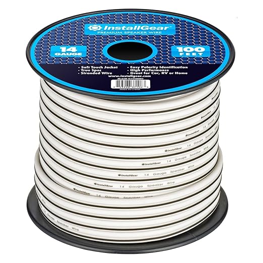 InstallGear Speaker Cable - 14 Gauge AWG (100ft - White) - White Speakers Wire Cable - Speaker Wire for Outdoor, Automotive, and Marine