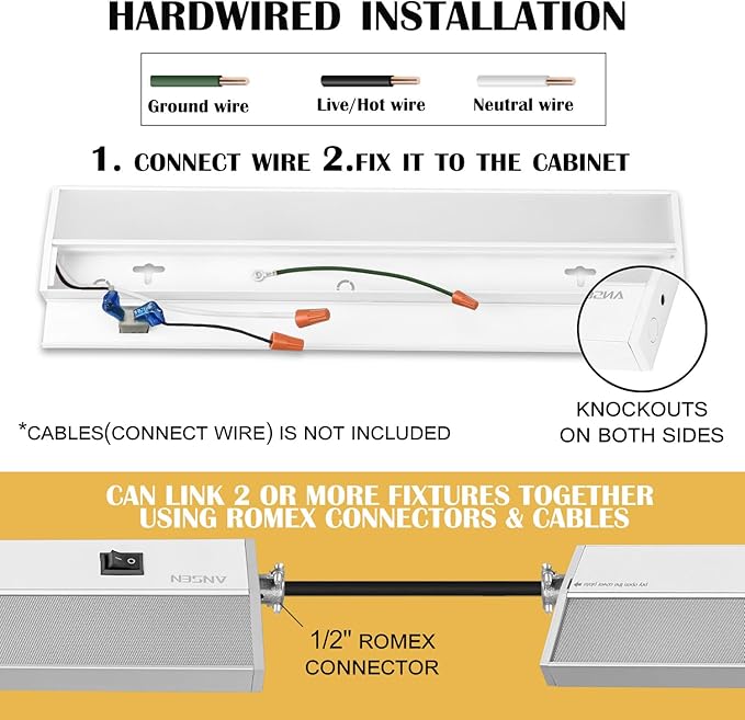 Ansen Hardwired Under Cabinet Lighting, 12in 10W LED Light for Kitchen/Closet, 666.7lm, CRI>92, R9>90, Dimmable, 3 Color Temperature, 3000K/4000K/5000K(Warm White, Cool White, Daylight)