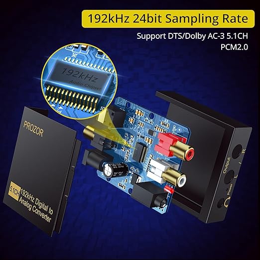 PROZOR 192Khz Digital to Analog Audio Converter Support 5.1CH Optical to RCA Converter with Magnetic Ring Power Cord Digital Toslink SPDIF to Analog L/R RCA 3.5mm Adapter for HDTV Blu-Ray DVD PS3 PS4