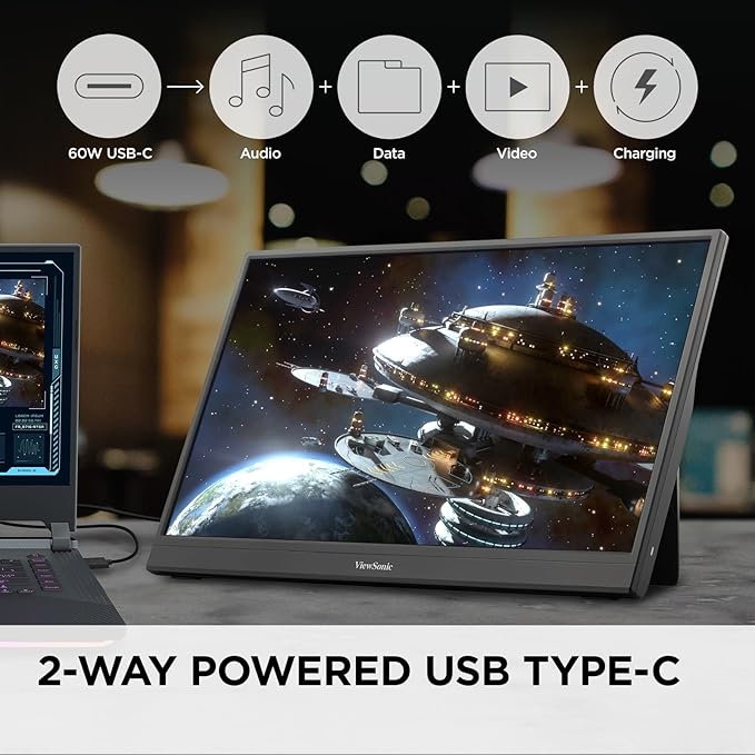 ViewSonic VX1654 16 Inch 1080p IPS Portable Gaming Monitor with 144Hz, AMD FreeSync, 2 Way Powered 60W USB C, Mini HDMI, and Built-in Stand with Protective Cover