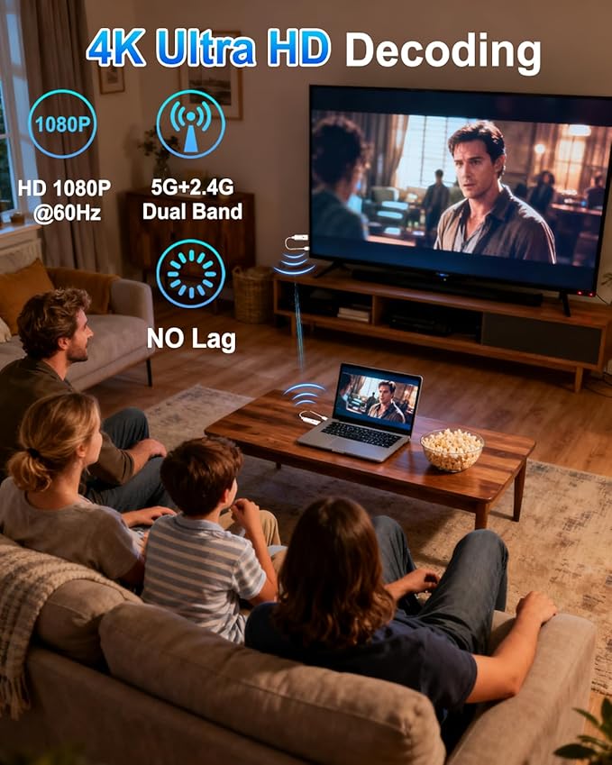 2026 Upgraded Wireless HDMI Transmitter and Receiver 328FT/100M, 4K Decode 1080P@60Hz Ultra HD, Plug & Play 5G+2.4G HDMI Extender Display Dongle Adapter for Video/Audio to Monitor from Laptop/TV Box