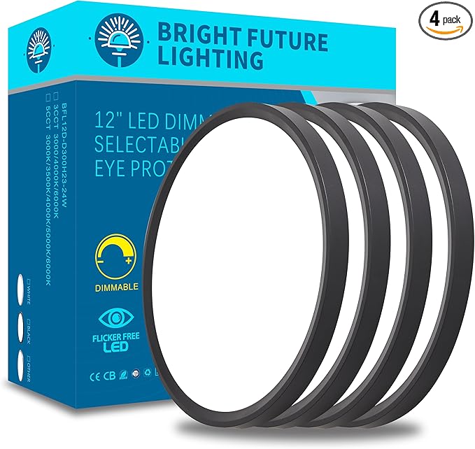 4Pack 12 Inch Dimmable Led Flush Mount Ceiling Light Fixture,Black Round 24w 3000K-6000K, 5CCT Selectable, Modern Flat Panel Super Slim Led Ceiling Light,for Living Dining Kitchen Bedroom Room office