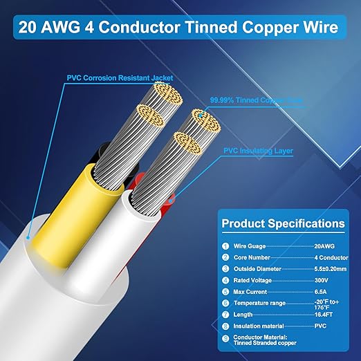 20 Gauge 4 Conductor Electrical Wire, 16.4 FT Low Voltage 20/4 Tinned Copper Stranded 4 Wire Cable, 20 AWG White Flexible Extension Cord for Sprinkler, Thermostat, Speaker, Irrigation, Automotive