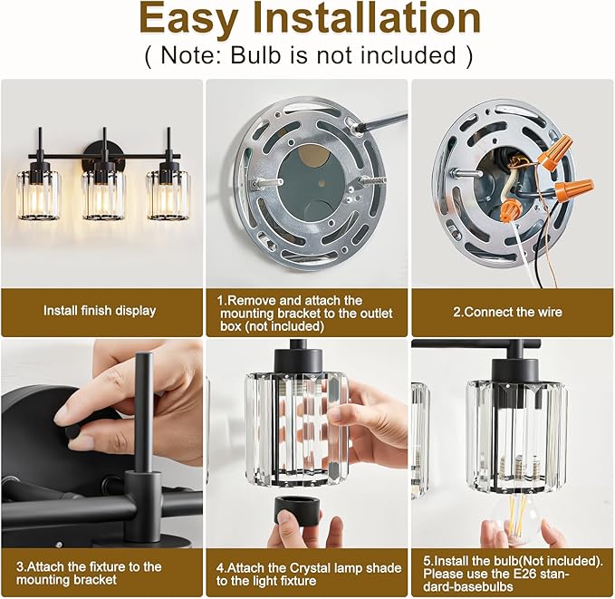 EJIAXIN 3 Light Crystal Vanity Light, Bathroom Lighting Fixtures Over Mirror Black Crystal Wall Light Bath Wall Lighting Modern Bath Wall Sconce Lighting for Bedroom Living Room
