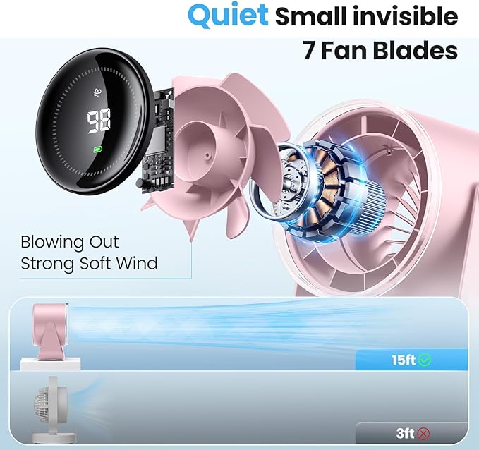 WSKEN Desk Fan with Battery Operated, Quiet Digital Display Portable Fan for Office, Bedroom, Kitchen, Home, Outdoor, 100 Speeds 115° Tilt Small Travel Camping Table Fan, Pink