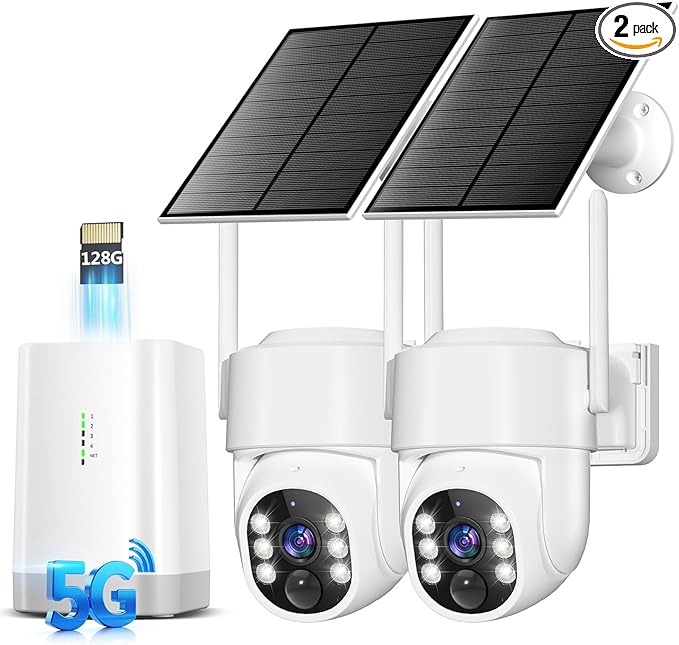 Security Cameras Wireless Outdoor 5G& 2.4G, No Subscription, 2 Cam-Kit,4MP Solar Powered Home Security Cameras System With 360°PTZ,128GB Local Storage,Color Night Vision WiFi Cameras for Home Security