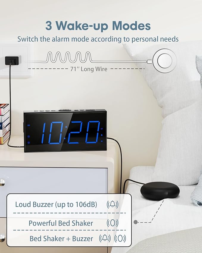 Roxicosly Loud Alarm Clock with Bed Shaker, Vibrating Alarm Clock for Heavy Sleepers/Hard of Hearing/Deaf/Teens, Dual Alarms with 7.5’’ Large LED Display, USB Charger, Dimmer, Snooze & Battery Backup