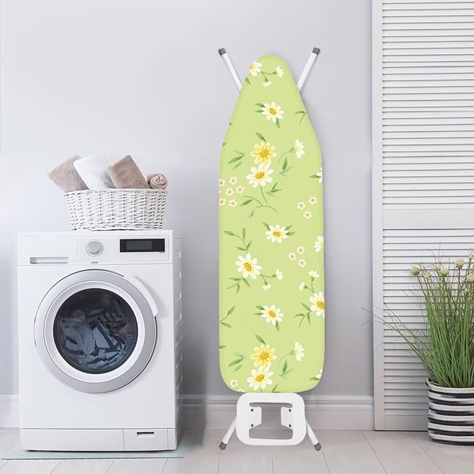 ZCFYGDX Fresh White Daisy Print Ironing Board Cover, Resist Scorching & Staining, Easy to Install Resistant Elastic Edges, 3 Nylon Buckle Straps Fasteners, Protective Scorch Cloth Covers Size-2XL