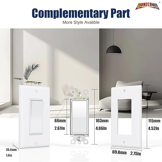 ThunderWay Single Pole Decorator Wall Light Switch with Wall Plate, 15A 120V/277V, On/Off Paddle Switch, Residential Grade - UL Listed, White (20)