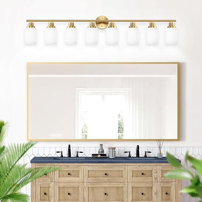 Guliaofo 8-Light Vanity Lights, Brushed Gold Bathroom Light Fixture with Striped Textured Milky White Glass Shade, Modern Vanity Lighting Fixture for Bathroom Wall Light Over Mirror, E26 Wall Sconce