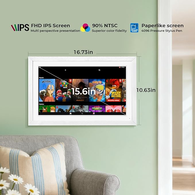 15.6" Digital Google Calendar+Pen,No Subscription|All-in-one Smart Display:Photo Frame,Google Play Apps,Voice Assistant,Home Hub,Streaming|Built-in Battery|Wall&Desk|Anti-Glare Touchscreen|White Wood