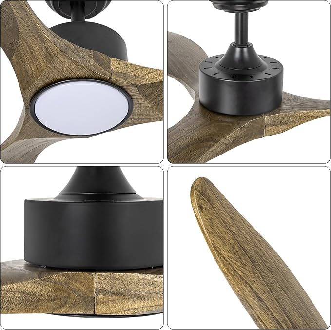 revoici Ceiling Fans with Lights Remote, 52inch Solid Amber Wood Ceiling Fan, 3 Blades Reversible DC Motor 3CCT Dimmable Lighting 3-Timer for Living Room Bedroom Farmhouse Patio