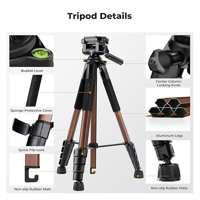 K&F CONCEPT Camera Tripod, 75" Lightweight Portable Travel Outdoor DSLR Tripods for Camera Phone Video Recording Tripod Stand, Cellphone Clip for Smartphone Live Streaming Vlog (Bronze Gold, 75'')