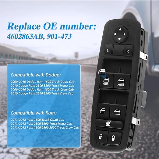 WUANGKI Power Window Master Control Switch | Front Driver Side | 9+3 Pins | Compatible with 2010-2012 Dodge Ram 1500 2500 3500 | OE# 4602863AB | Window Buttons