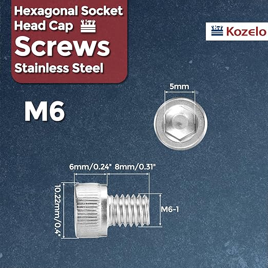 Kozelo 40pcs Socket Head Cap Screws - [M6-1 x 8mm] 304 Stainless Steel Allen Socket Drive for Electrical Motor 3D Printing Fan Engine Replacement Use, Silver