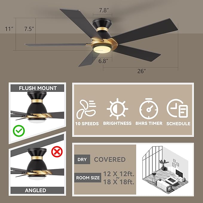 SMAAIR 52 Inch Smart Ceiling Fan with Light and Remote, Flush Mount Modern Ceiling Fan with lights,Compatible with Alexa/Google Assistant/Siri,Timer and Schedule,10 Speed DC Motor,Black/Gold