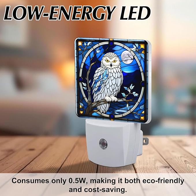PODMemory Owl Stained Glass Night Lights Plug into Wall for Room, Owl Night Light LED for Bedroom