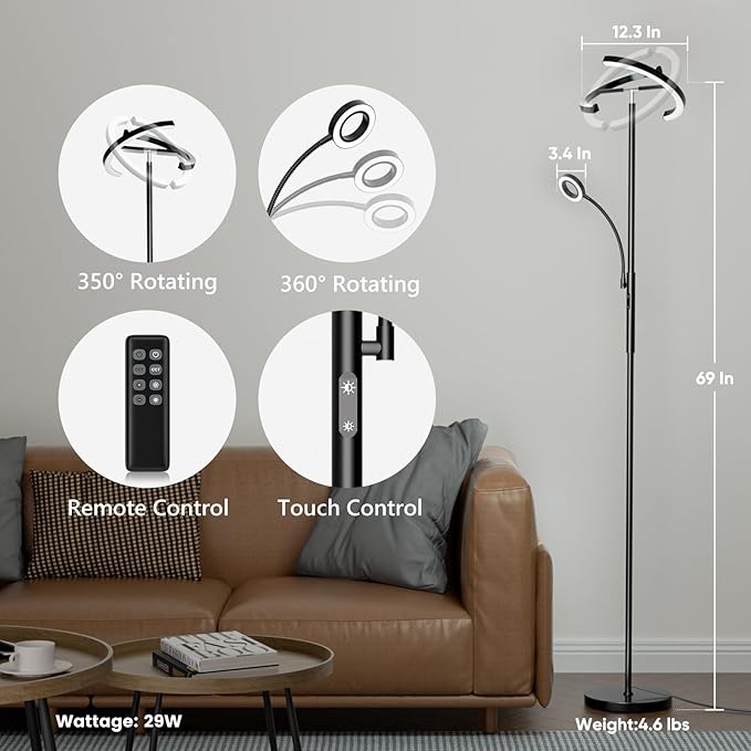SIBRILLE LED Floor Lamp for Living Room - Modern Standing Lamp with Reading Light, Remote Touch Control Floor Light Dimmable Mother-Daughter Tall Bedroom Lamp for Couch Office, 29W, Black