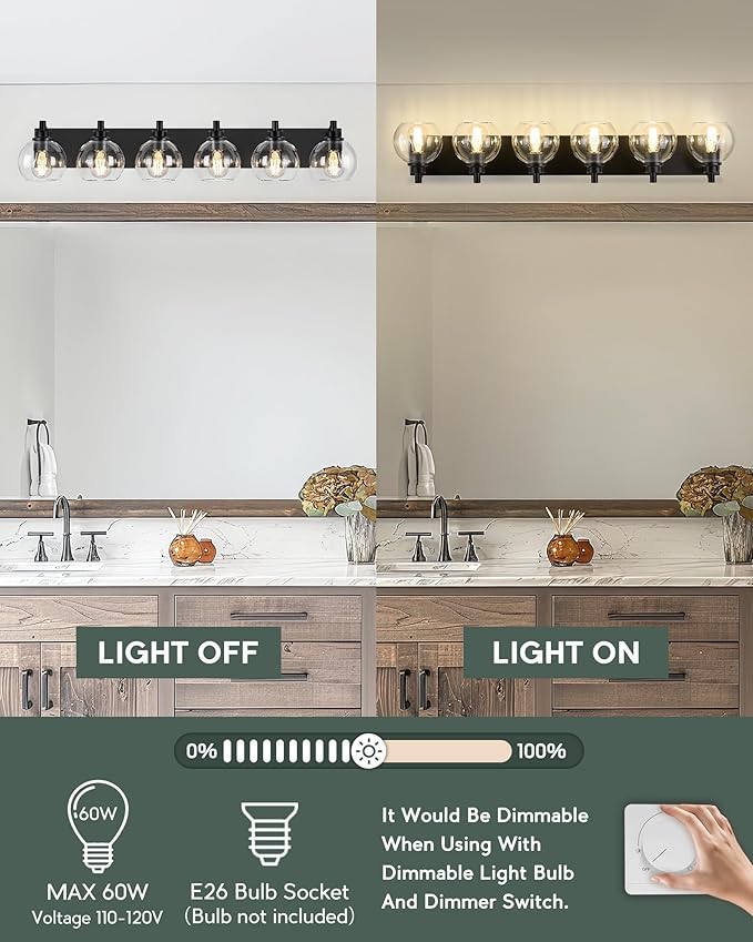 METWET Bathroom Light Fixtures, 6 Light Matte Black Vanity Light, 38 Inch Modern Wall Sconces with Globe Clear Glass Shade, Vanity Lighting Fixtures Over Mirror, VL195-MB-6