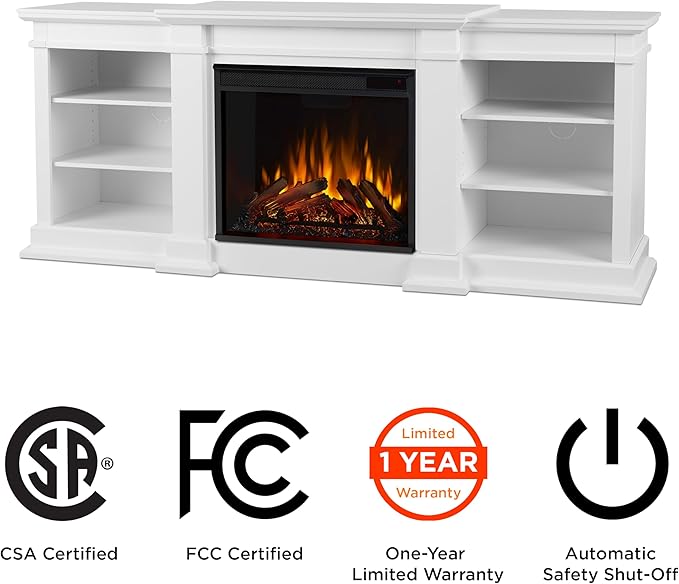 Real Flame Fresno 72" TV Stand with Electric Fireplace in White, Entertainment Center with Electric Fireplace, Living Room TV Stand with Fireplace, fits up to 70" TV