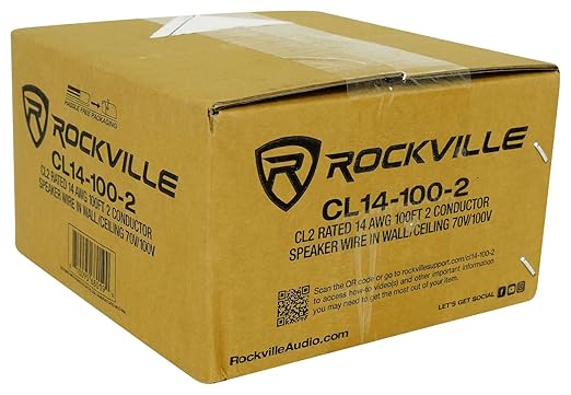 Rockville CL14-100-2 14 AWG 100ft Speaker Wire, CL2 Rated, 70V/100V Compatible, in-Wall/Ceiling, Oxygen-Free Copper, Low Resistance, Perfect for Home and Commercial Audio