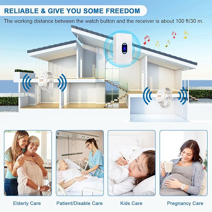 Daytech Wireless Wrist Pager Caregiver Call Button in Home System Watch Alarm Nurse Personal Help Alert for Patients Elderly 2 Watch Call Buttons 2 Plugin Receivers