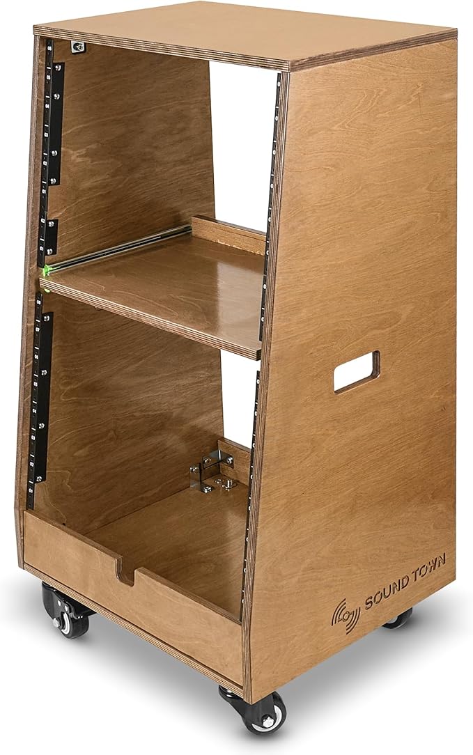 Sound Town DIY Slanted 16U Studio Rack (8U Top + 8U Lower), with 2U Bottom Storage, Slide-Out Tray, Caster, Plywood, Weathered Brown For Recording Room, Home Studio (SDRK-ST16TB)