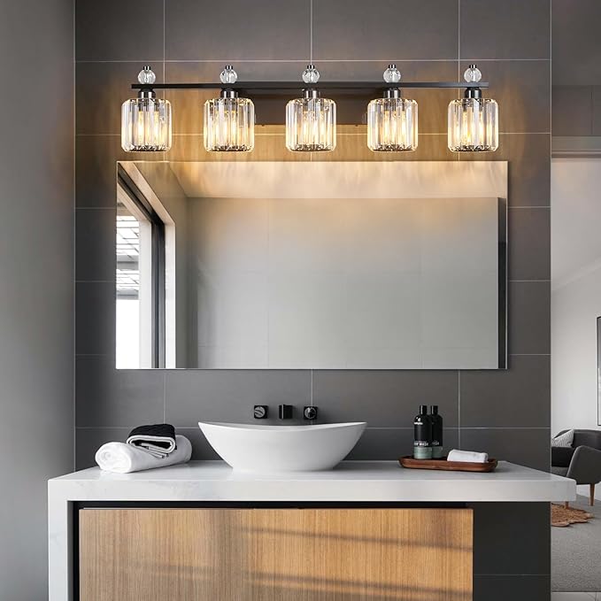 FDPBY Bathroom Vanity Lights 5-Light Plating Black Modern Crystal Vanity Light Fixtures Over Mirror Crystal Bathroom Vanity Lighting Fixtures