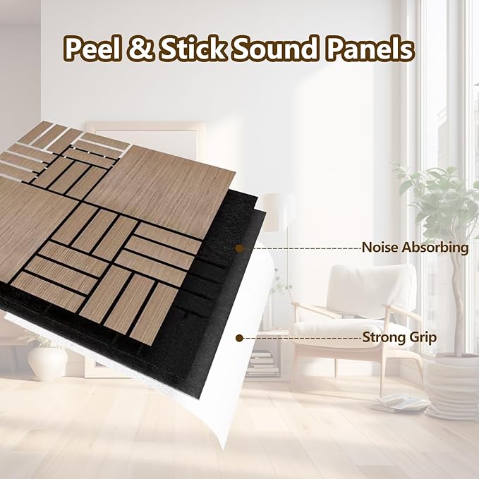 ARMURO 4 Packs Acoustic Wall Panels - Self-Adhesive 3D Wood Slat Wall Panel- Peel and Stick Sound Absorbing Panels for Noise Reducing - Feature Wall Decor for Home & Office