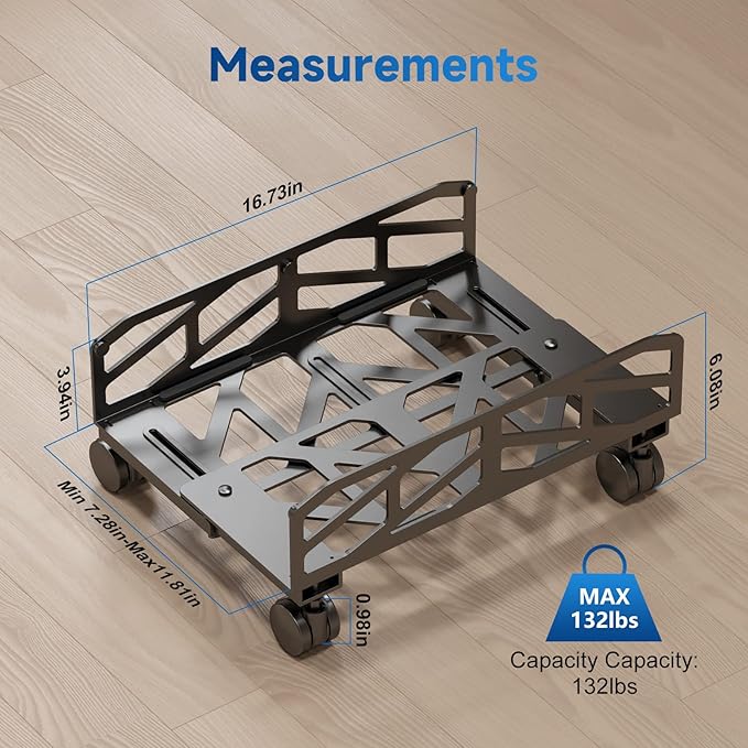 Pholiten Adjustable Computer Tower Stand,7.28 to 11.81 inch Wide Steel CPU Stand with 4 Rolling Caster Wheels,，Under Desk CPU Holder PC Floor Cart PC Riser,132lbs Capacity Weight