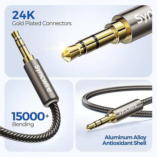 SYNCWIRE 3.5mm Nylon Braided Aux Cable (3.3ft/1m,Hi-Fi Sound), Audio Auxiliary Input Adapter Male to Male Cord for Headphones, Car, Home Stereos, Speaker, iPhone, iPad, iPod, Echo & More – Gold Brown