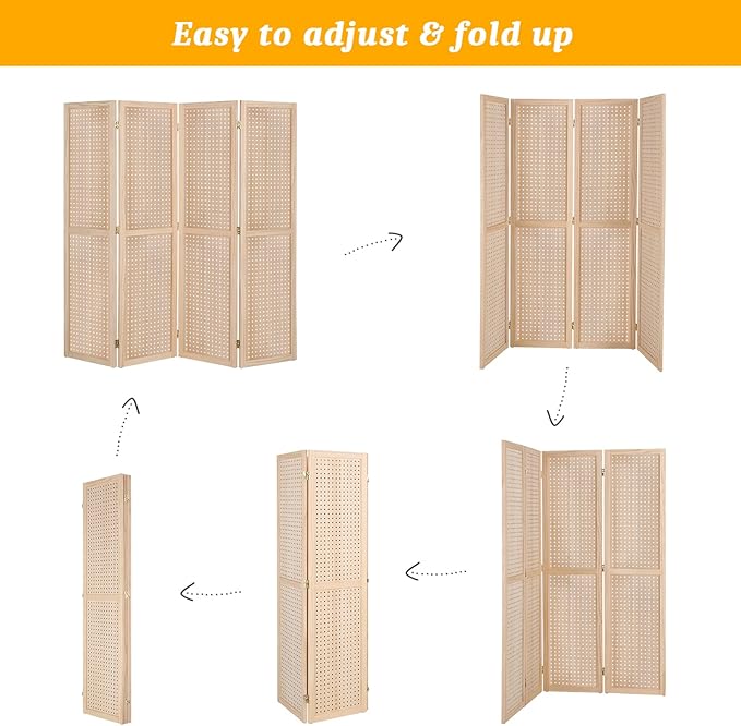 Bonnlo 4 Panel Pegboard Freestanding, 5 FT Portable Display Board Organizer for Craft Show Jewelry, Wooden Folding Privacy Screen Room Divider (Without Base, Natural)