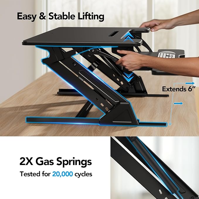HUANUO 32" Z Shaped Stable Standing Desk Converter, Height Adjustable Sit Stand Up Desk Riser, Dual Monitor and Laptop Workstation with Wide Keyboard Tray, Desk Lifter for Home Office