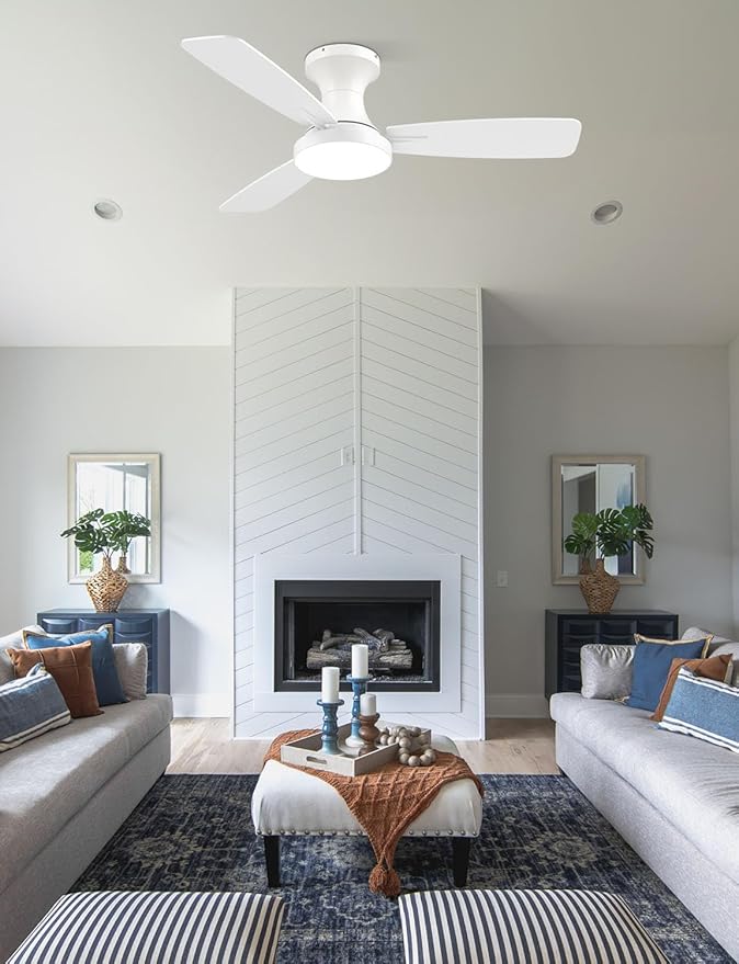 Homlit 42 inch Smart Ceiling Fan with Light, Low Profile Flush Mount with Remote Control, Ultra-Quiet Reversible DC Motor, 3 Color Temperatures & 6 Speed Dimmable Lighting for Bedroom, White