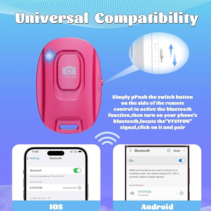 Bluetooth Camera Remote Shutter for iPhone and Android Smartphones, Rechargeable Wireless Phone Remote Control,Selfie Button for Photos and Videos, Charging Cable Included-Pink