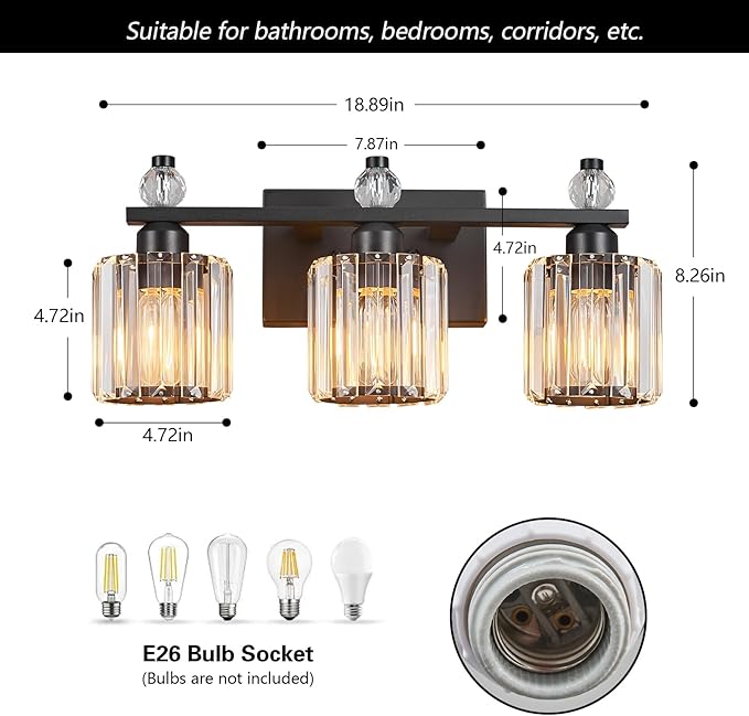 FDPBY Bathroom Vanity Lights 3-Light Sand Black Modern Crystal Vanity Light Fixtures Over Mirror Crystal Bathroom Vanity Lighting Fixtures