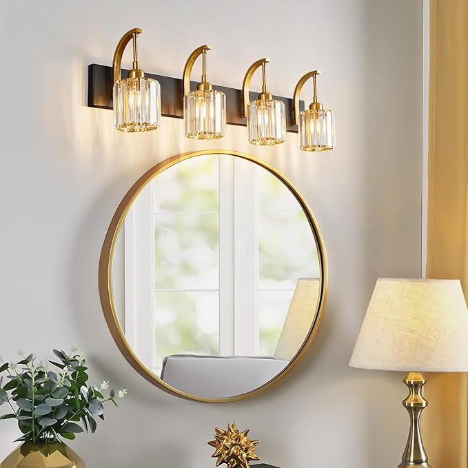 FDPBY 4-Light Crystal Vanity Light, Modern Black Gold Bathroom Wall Sconce with K9 Crystal Shades, 32.67" Long Over Mirror Lighting for Vanity, Makeup, Hallway, Elegant & Easy Install