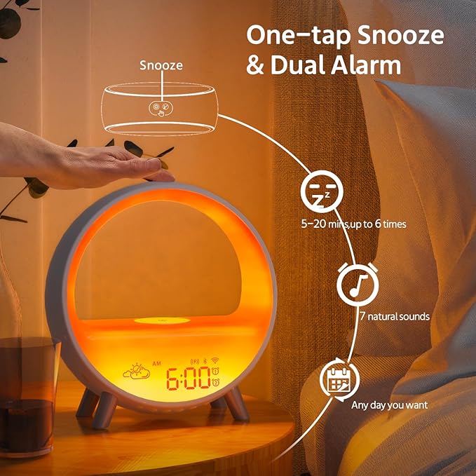 MOMILLA Smart Sunrise Alarm Clock with Wireless Charging, Wake up Light w/Bluetooth Speaker, Compatible with Airpods/iPhone, APP Control White Noise Sound Machine, Alarm Clocks for Bedrooms Adults