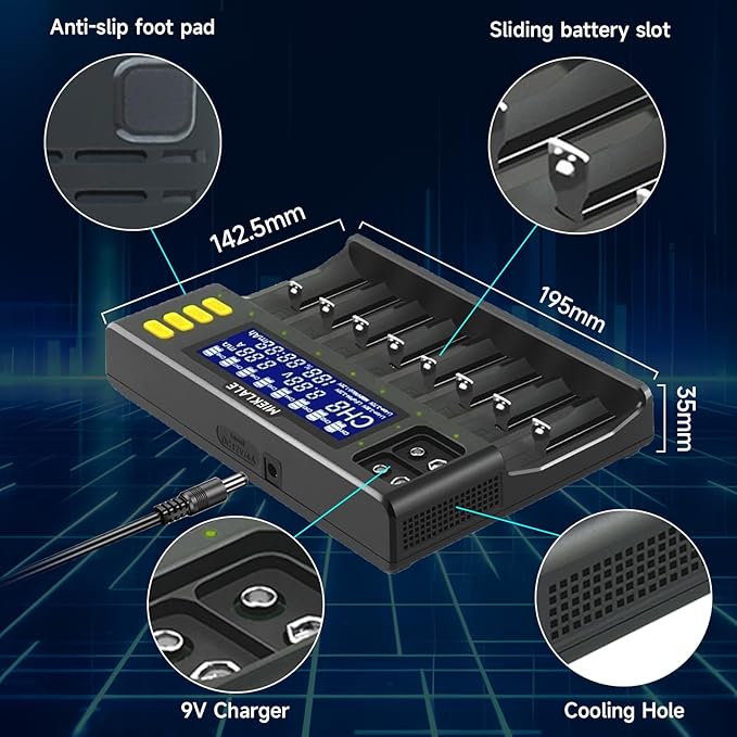 18650 Battery Charger, MIEKLALE 8+2 Bays Smart Universal Battery Charger with LCD Display for Rechargeable Batteries Li-ion LiFePO4 RCR123 16340 26650 10440 14500 & 9V, NiMH NiCd AAA AA(8+2Slots)
