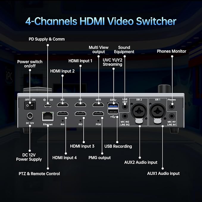 Yinker 5.5 Inch LCD Screen Video Mixer Switcher 4-Channel HDMI Live Stream Switcher, Support PST PGM, 1080P 60FPS USB Recording, USB 3.0 Streaming, PTZ Control