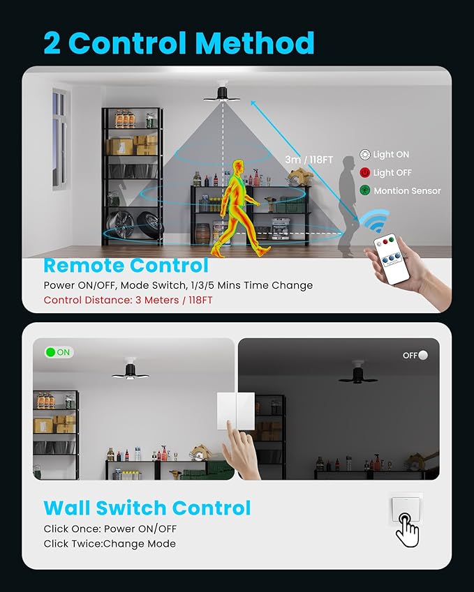 Kryoza Motion Sensor Garage Lights 8000LM, Deformable Motion Activated LED Garage Ceiling Light Bulbs, 3 Modes & 360° Detection, Sensor Lights Bulb Indoor for Workshop/Barn 2-Pack