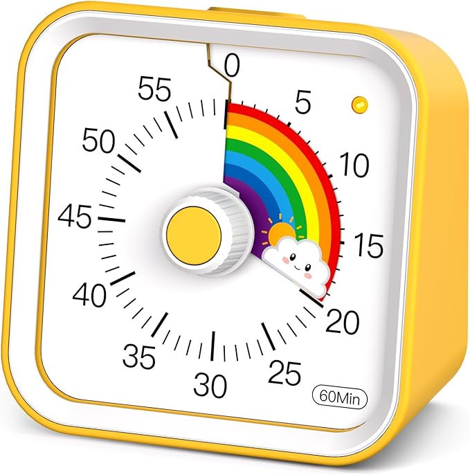 InfPokid Visual Timer for Kids with Pause Function, Cute Silent Timer with Rainbow for Classroom, Teaching, Task, Kitchen, 60 Minute Countdown Time Management for ADHD (Rainbow Yellow)