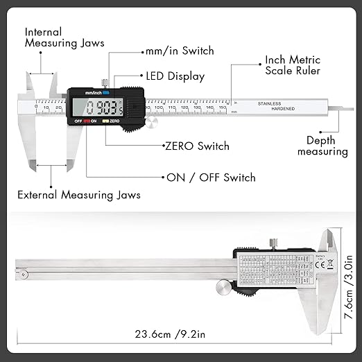 Simhevn Electronic Digital Caliper Measuring Tool, Stainless Steel Vernier Caliper Digital, Easy Switch from Inch Metric, LCD Screen,0-6inch/150mm Caliper Measuring Tool for DIY/3D Printing