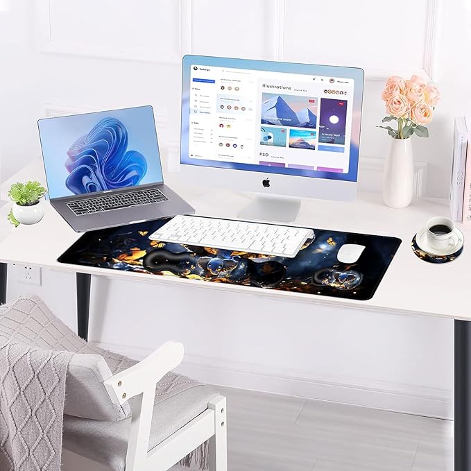 BFUKVOU Large Keyboard Mouse Pad Set, Extended Mouse Pad+Keyboard Wrist Rest Support, Memory Foam Ergonomic Easy Typing, 4Pcs (31.5×11.8 in) Desk Pad Set for Office Home,Cute Elephant with Butterflies