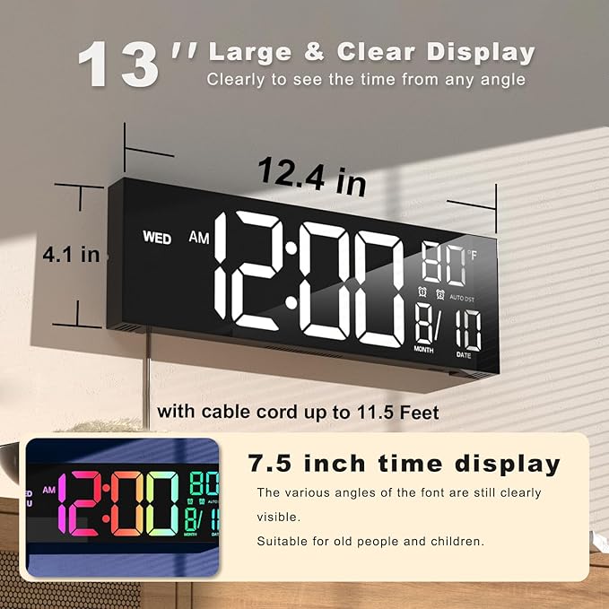 JALL 13" Large Digital Wall Mount Clock, Count Down Timer, Alarm, Big LED, DST, Temperature for Living Room Classroom Desk, Xmas, Birthday Gift for Senior Mom Dad, White